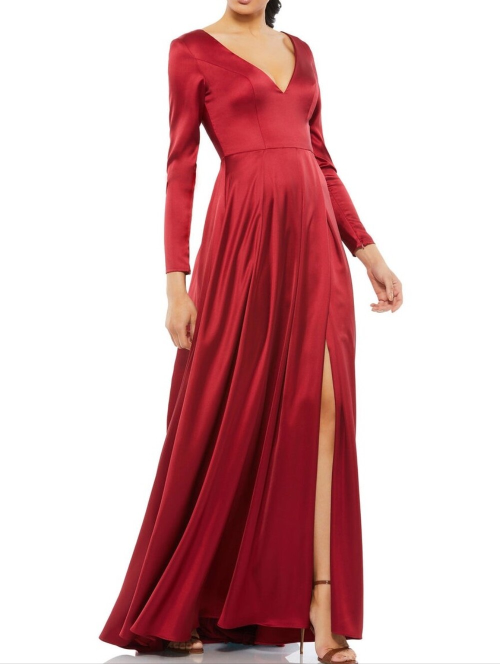 NWT MAC DUGGAL | $398 V-Neck Satin High Slit Gown #26613